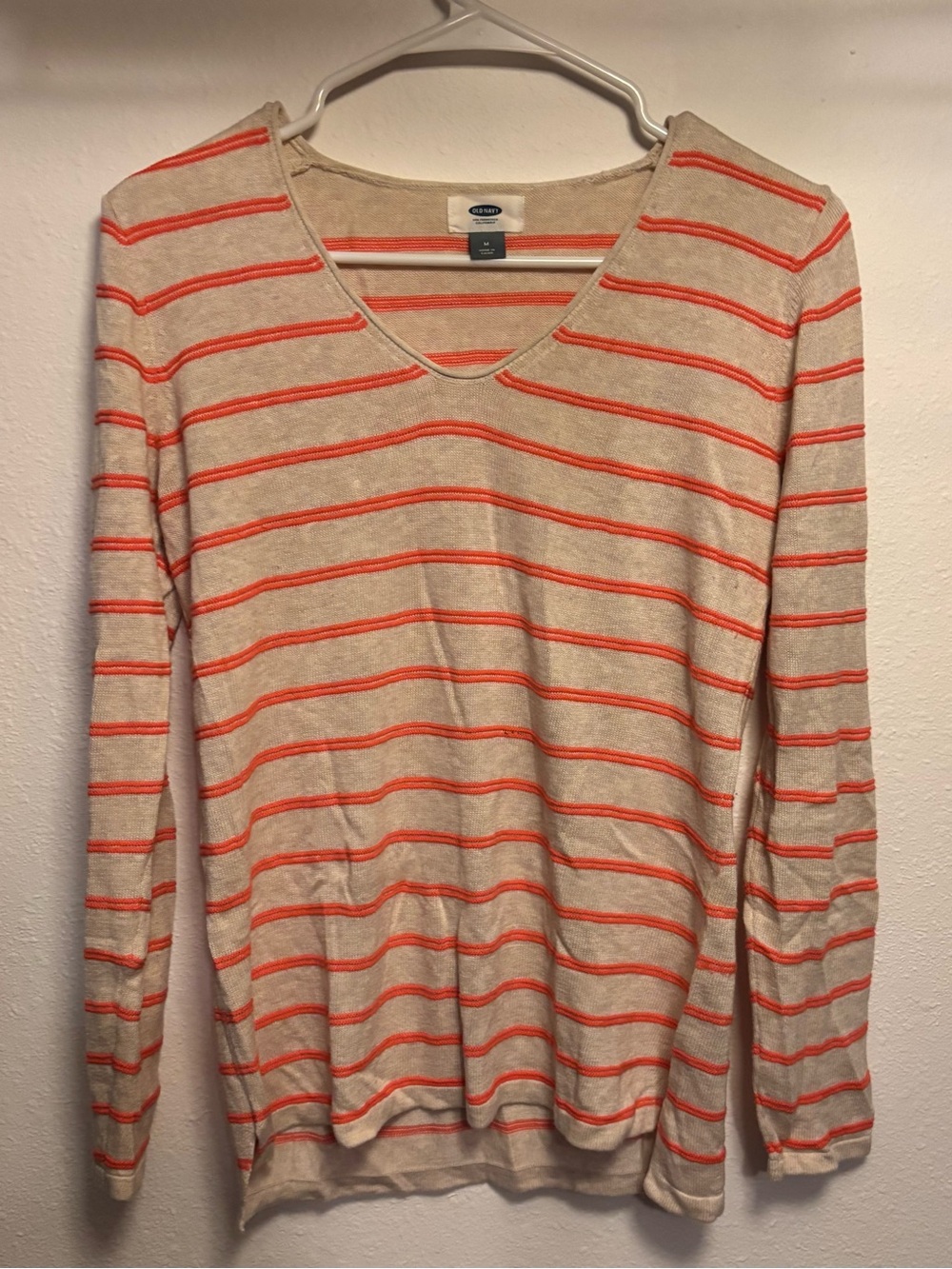 Old Navy Cream and Coral Striped V-Neck Sweater